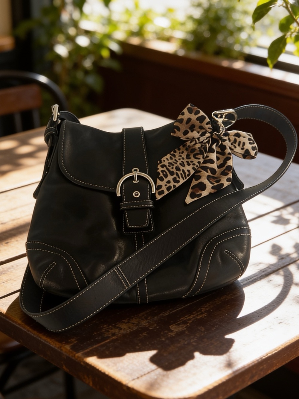 Coach Black Leather Vintage #9480 Soho Flap Closure Shoulder Bag & Leopard Bow